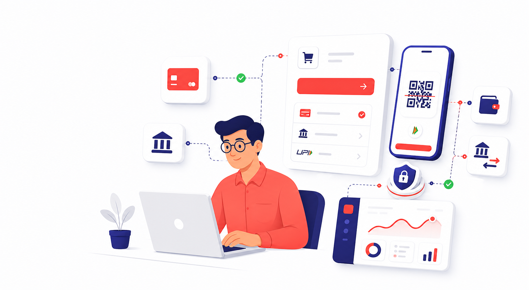 White label payment gateway platform connecting an Indian business operator, branded checkout, UPI-style QR and payment routing
